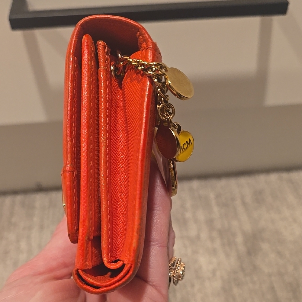 MCM Orange Saffiano Leather Flap Wallet with Gold Accents - Picture 3 of 13